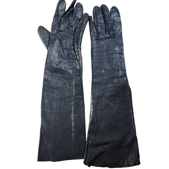 Vintage Womens Long Navy Blue Leather Gloves 6.5 - Picture 2 of 3